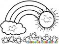 Dibujo De Arcoiris Desde Una Nube Hasta El Sol Con Floresitas Para Pintar Y Colorear