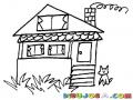 Dibujo De Una Casita Con Un Gato En El Patio Para Pintar Y Colorear