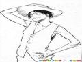Dibujo De Mujer Delgada Con Chaleco Y Sombrero De Paja Para Pintar Y Colorear