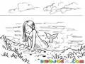 Dibujo De Sirenita En La Orilla De La Playa Saliendo Del Mar Para Pintar Y Colorear