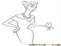 Dibujo De Mujer Elegante Con Un Bonito Peinado Y Un Collar De Perlas Con Una Copa De Vino Para Pintar Y Colorear