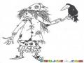 Dibujo De Bruja Con Cuervo Para Pintar Y Colorear Mujer Espantapajaros Con Un Zanate En Su Mano