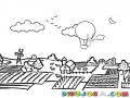 Dibujo De Un Bebe En Un Globo Tocando Las Nubes Volando Sobre Una Granja Para Pintar Y Colorear Paijase Del Campo