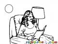 Dibujo De Mujer Leyendo Un Libro En Un Sofa De Noche Para Pintar Y Colorear