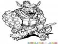 Moustruo Guerrero Para Pintar Y Colorear Dibujo De Monstruo Cavernicola Con Escudo De Tortuga Y Mazo Con Puas