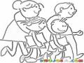 Dibujo De Papas Con Sus Hijos Camino Al Colegio Para Pintar Y Colorear