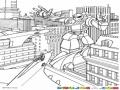 Dibujo De Robot Gigante Peleando Con Aviones En La Ciudad Para Pintar Y Colorear