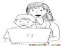 Dibujo De Hijo Y Mama Con Laptop Para Pintar Y Colorear Internet A La Vista De Los Padres