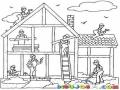 Dibujo De Albaniles Construyendo Una Casa Para Pintar Y Colorear Obra Gris