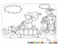 Dibujo De Perro Vaquero Cabalgando Sobre Una Tortuga Frente A Una Vaca Para Pintar Y Colorear