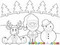 Dibujo De Santaclaus Con Un Reno Y Un Muneco De Nieve Y Varios Arbolitos De Navidad Para Colorear