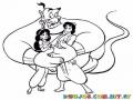 Colorear Al Genio De Los Deseos Abrazando A Jazmin Y Aladino