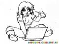Dibujo De Chica Con Laptop Sentada En El Suelo Para Pintar Y Colorear