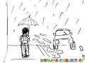 Dibujo De Hombre Con Paraguas Caminando En La Banqueta Mojado Y Salpicado Por Un Carro Para Pintar Y Colorear