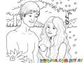 Dibujo De Adan Y Eva Comiendo De La Manzana En El Jardin Del Eden Frente A La Serpiente Para Pintar Y Colorear Dibujos Biblicos
