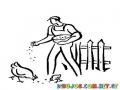 Dibujo De Hombre Alimentando A Una Gallina Y Un Pollo Para Pintar Y Colorear