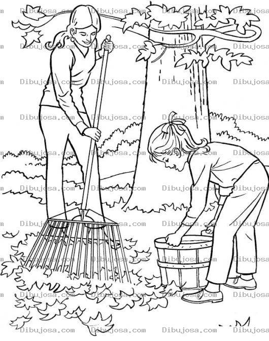 Dibujo para colorear Dibujo De Mama E Hija Barriendo Y Limpiando El Jardin