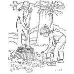 Dibujo para colorear Dibujo De Mama E Hija Barriendo Y Limpiando El Jardin