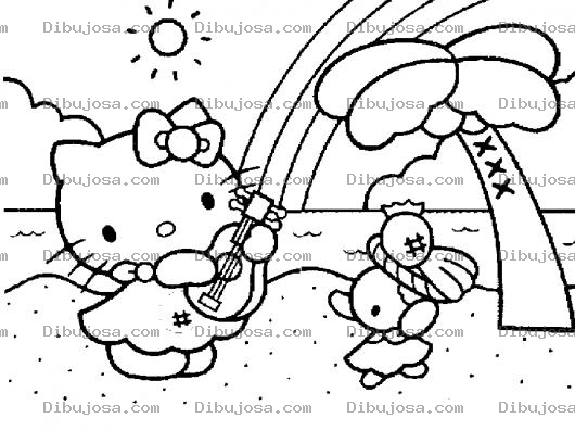 Dibujo para colorear Dibujo De Hello Kitti Con Guitarra En La Playa Para Colorear
