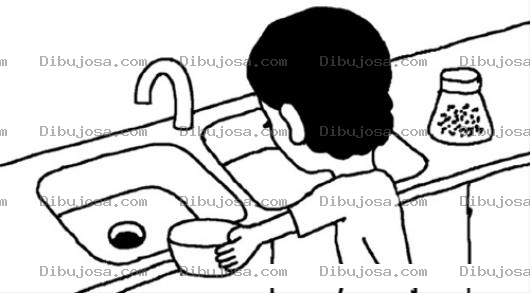 Dibujo para colorear Dibujo De Nino En El Lava Palatos Lavando Un Plato Para Pintar Y Colorear