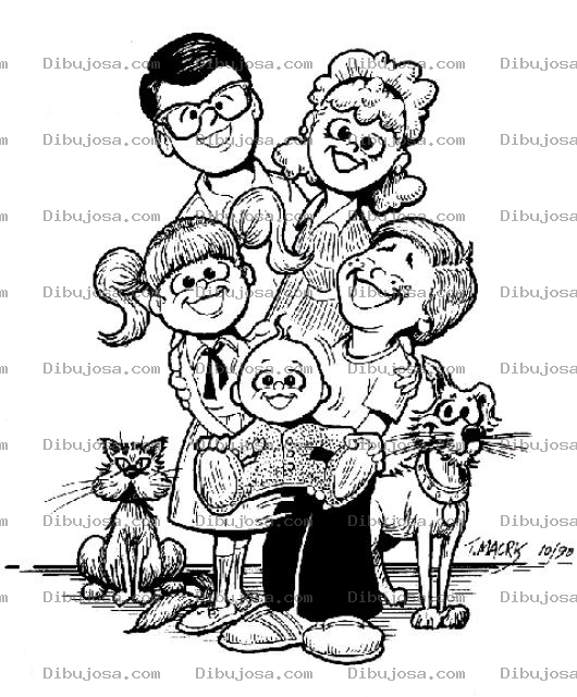 Dibujo para colorear Dibujo De Familia Con 3 Hijos Y 2 Mascotas Para Pintar Papa Mama Hermana Hermano Y Hermanito Con Gato Y Perro