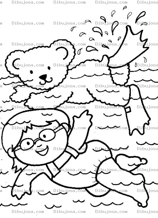 Dibujo para colorear Oso Acuatico Dibujo De Nina Nadando Con Un Osito En Una Piscina Para Pintar Y Colorear