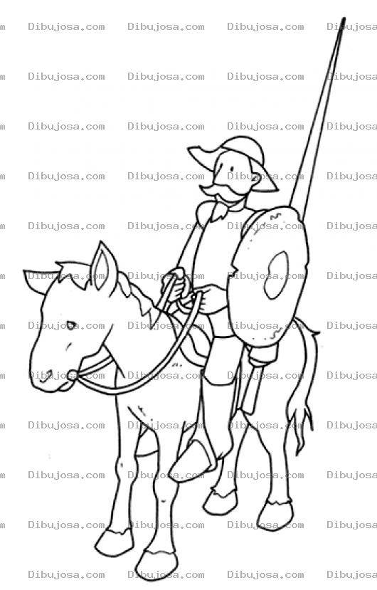 Dibujo para colorear Dibujo De Don Quijote Con Su Escudo Su Lanza Y Su Caballo Para Pintar Y Colorear