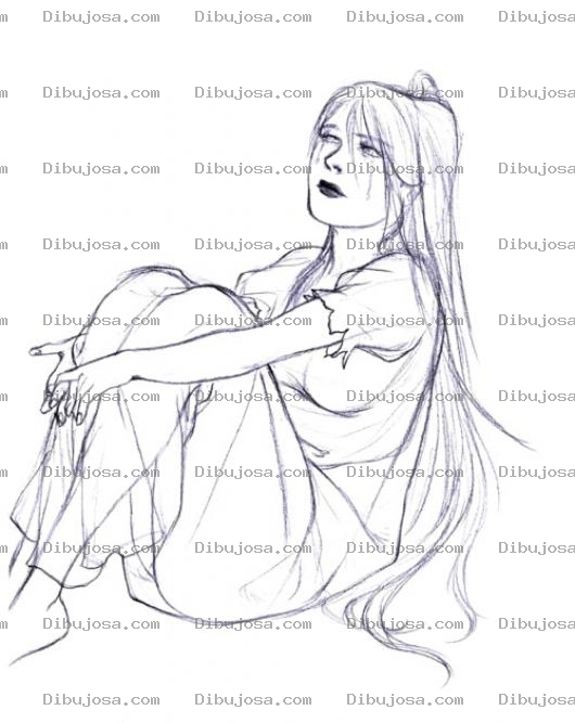 Dibujo para colorear Dibujo De Mujer De Pelo Largo Sentada En El Piso Con Tristeza Para Pintar Y Colorear