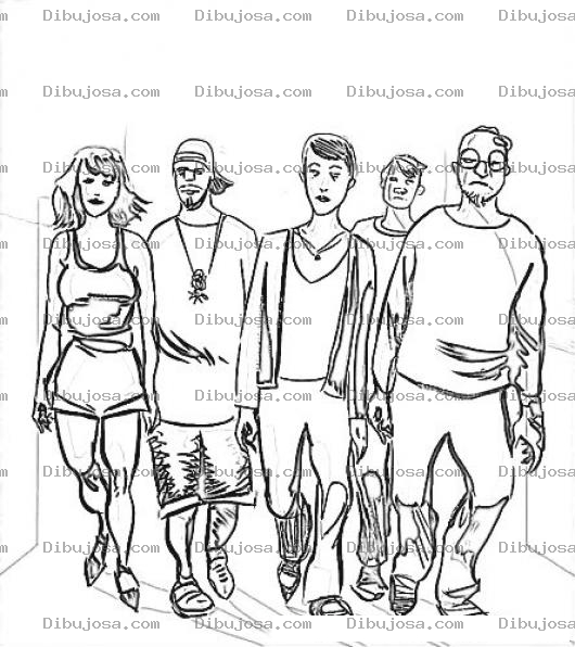 Dibujo para colorear Grupo De Amigos Caminando Juntos Para Pintar Y Colorear A 1 Mujer Con 4 Hombres