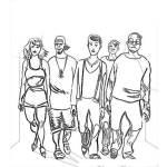 Dibujo para colorear Grupo De Amigos Caminando Juntos Para Pintar Y Colorear A 1 Mujer Con 4 Hombres