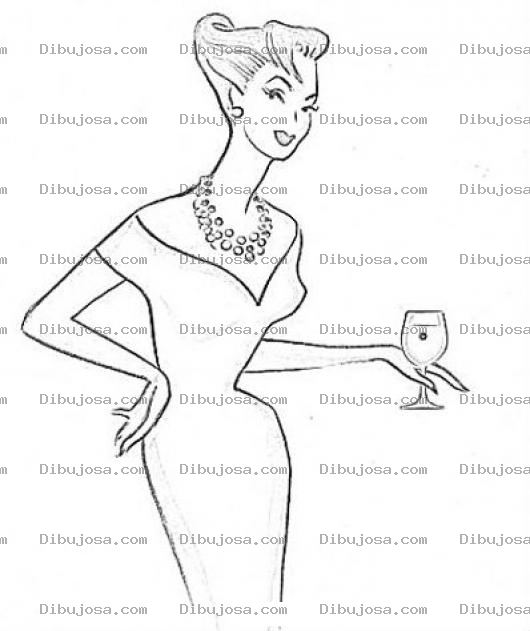 Dibujo para colorear Dibujo De Mujer Elegante Con Un Bonito Peinado Y Un Collar De Perlas Con Una Copa De Vino Para Pintar Y Colorear