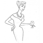 Dibujo para colorear Dibujo De Mujer Elegante Con Un Bonito Peinado Y Un Collar De Perlas Con Una Copa De Vino Para Pintar Y Colorear