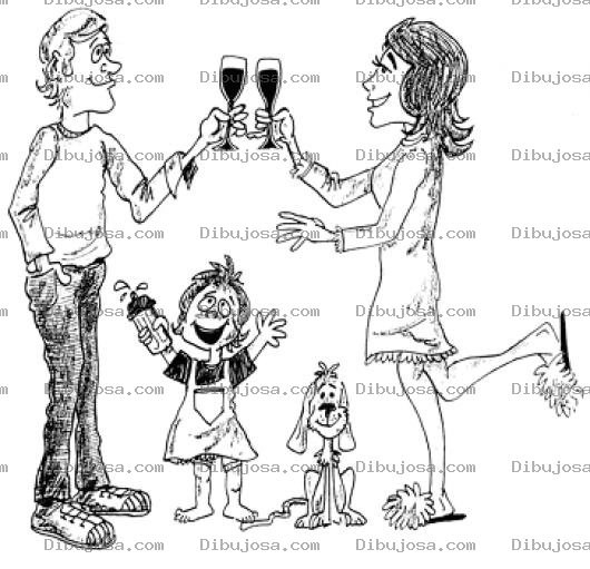 Dibujo para colorear Vino Tinto Dibujo De Papa Y Mama Haciendo Un Brindis Con Copas De Vino Frente A Su Hijo Y Su Perro Para Pintar Y Colorear
