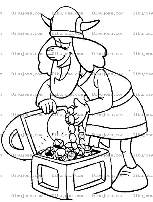 Dibujo para colorear Vikingo Con Cofre De Tesoros Para Pintar Y Colorear