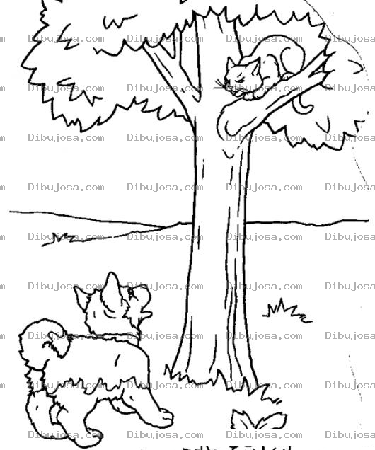 Dibujo para colorear Dibujo De Perro Ladrandole A Un Gato Subido En Un Arbol Para Pintar Y Colorear