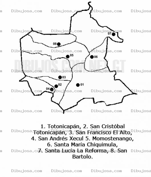 Dibujo para colorear Colorear Mapa del departamento de Totonicapan, Lamina del Departamento de Totonicapan Guatemala