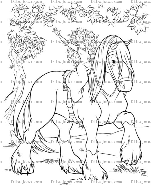 Dibujo para colorear Dibujo De Princesa Colocha Bajo Un Arbol De Manzanas Sobre Su Caballo Real Para Pintar Y Colorear