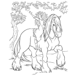 Dibujo para colorear Dibujo De Princesa Colocha Bajo Un Arbol De Manzanas Sobre Su Caballo Real Para Pintar Y Colorear