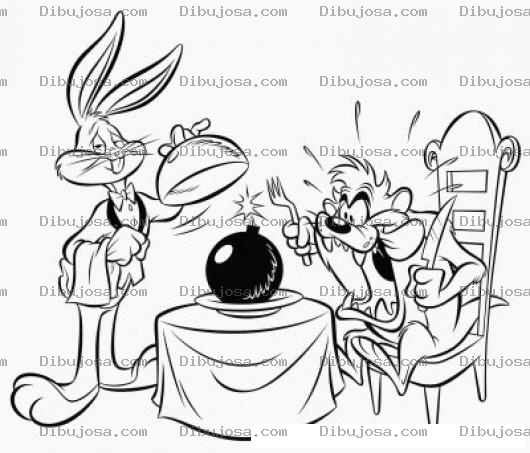 Dibujo para colorear Dibujo De Bugs Bunny De Mesero Dandole De Comer Una Bomba A Taz