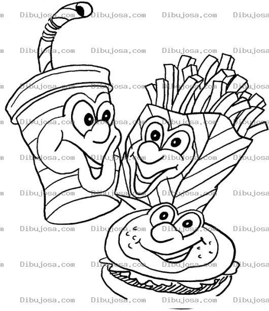 Dibujo para colorear Dibujo De Un Batido De Vainilla Con Papas Fritas Y Hamburguesa De Queso Para Pintar Y Colorear