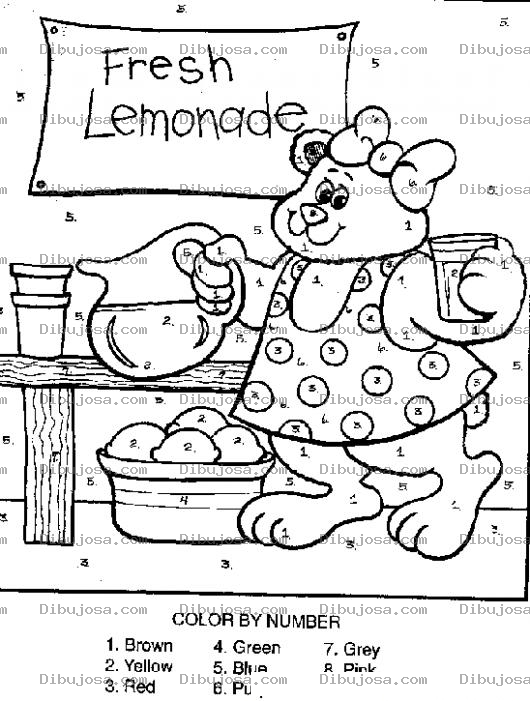 Dibujo para colorear Colorearpornumeros Dibujo De Una Osita Vendiendo Limonada Para Pintar Por Numeros En Ingles Donde 1 Es Cafe 2 Es Amarillo 3 Es Rojo 4 Es Verde 5 Es Azul 6 Es Morado 7 Es Gris Y 8 Es Rosado