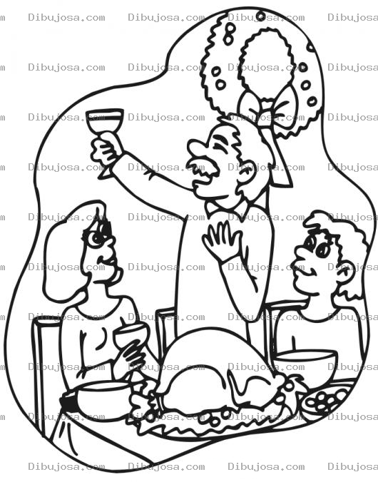 Dibujo para colorear Dibujo De La Cena De Navidad Con Un Rico Pavo Horneado Y 12 Uvas Para Pintar Y Colorear Papa Brindando En Noche Buena Con Su Familia