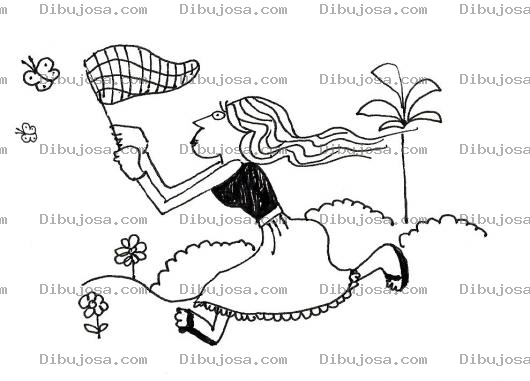 Dibujo para colorear Dibujo De Una Mujer Persiguiendo Una Mariposa Para Pintar Y Colorear