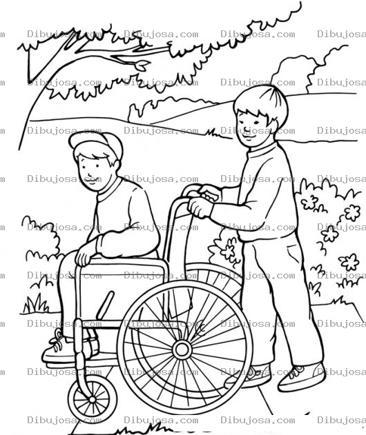 Dibujo para colorear Silla De Ruedas Infantil Dibujo De Nino En Silla De Ruedas Llevado Por Su Hermanito Para Pintar Y Colorear Chico Minusvalido