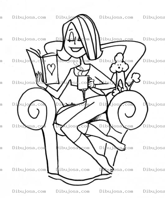 Dibujo para colorear Dibujo De Mujer Leyendo Un Libro En Su Sofa Con Su Perrito A La Par Para Pintar Y Colorear