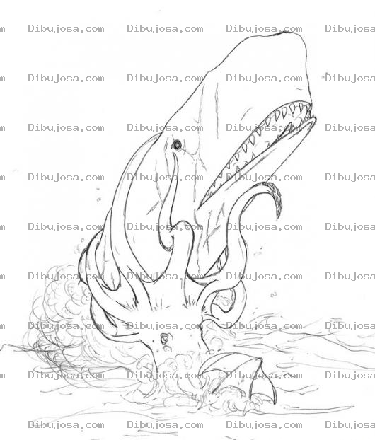 Dibujo para colorear Dibujo De Pulpo Gigante Peleando Con Una Ballena Para Pintar Y Colorear