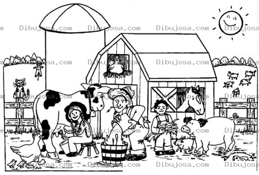 Dibujo para colorear Colorear Vida En Granja Dibujo De Una Familia De Granjeros Sacando Leche Y Alimentando Cerdes Para Pintar