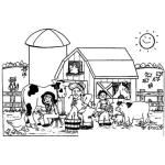 Dibujo para colorear Colorear Vida En Granja Dibujo De Una Familia De Granjeros Sacando Leche Y Alimentando Cerdes Para Pintar