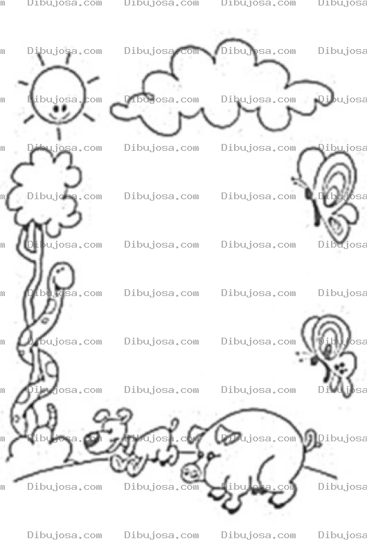 Dibujo para colorear Marco De Animalitos Culebra Perrito Cochito Y Mariposas Para Colorear
