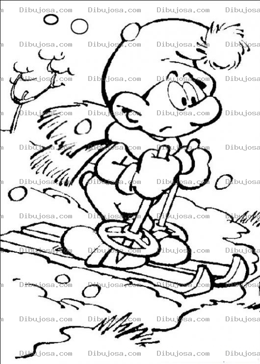 Dibujo para colorear Colorear Pitufo eskiando en la nieve